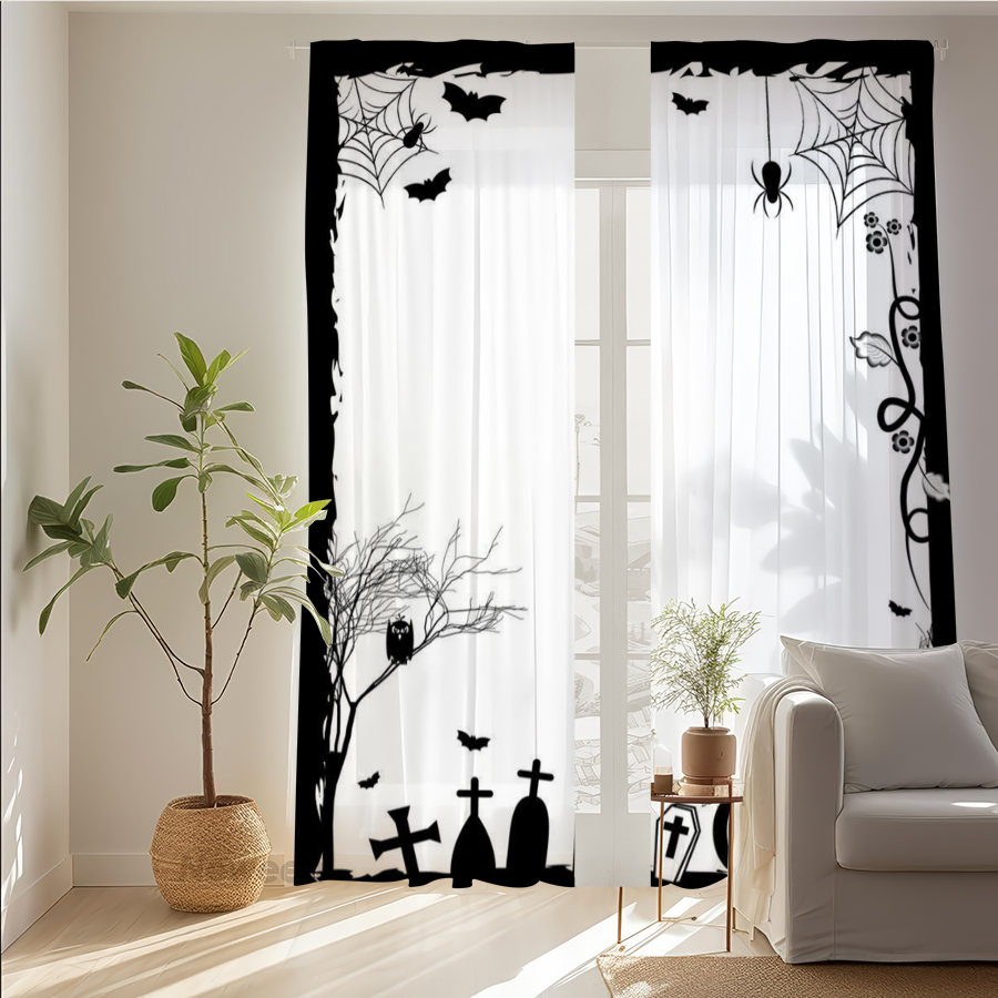 Spider Web Halloween Decoration - 2 Peças de Cortina Transparente com